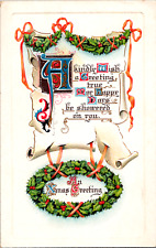 Vintage C 1915  Xmas Poem Greeting Embossed Postcard Scroll & Ribbon Holly Swag picture