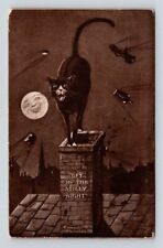 Nashua NH, Postcard Halloween Black Cat On Chimney Oft In The Stilly Night 1910 picture