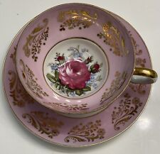 Vintage Royal Sealy China Japan Cup & Saucer Iridescent Pink Gold Trim Roses picture