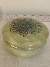 Vintage Green Jade Color Alabaster Hinged Round Trinket Jewelry Box picture