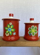 Pair Of Vintage 1970's Kromex Red/Orange Flower Aluminum Kitchen Canister. picture