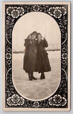 RPPC Art Nouveau Masked Border Two Young Edwardian Girls Pose Postcard R30 picture