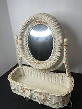 Vintage Wicker Vanity Mirror Caddy Basket Boho Bohemian Chic Hand Painted picture