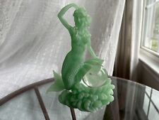 Frosted Green Jade Resin Mermaid Figurine & Clear Pearl Oyster Clam Shell picture
