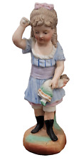  Antique All Bisque Victorian Girl Holding Doll German Figurine picture