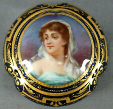 Royal Vienna Style Hand Painted Portrait Cobalt & Gold Beaded Trinket Box picture