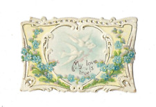 Antique My Love Is True Die Cut Calling Card, Embossed Romantic Flowers + Doves picture