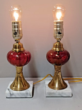 Brass, Cranberry & Marble  Pair Of Lamps 1940's to 1950's  Vintage READ picture