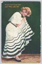 Postcard Lovely Lady In Striped Dress Won't You Come & Play With Me? Vintage picture