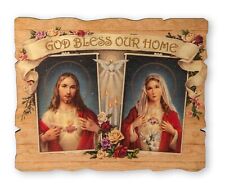 Sacred Hearts Mary & Jesus God Bless Our Home Wood Plaque Standing or Hanging picture