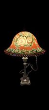 Vintage Brass Table Lamp Reverse Painted Orange w/ Flowers Daisies Glass Shade  picture