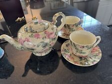 VTG 2003 Teapot 2 Teacups and Saucers Set “A Special Place” Roses & Words picture