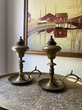 Pair Of Vintage Solid Brass Oil Lamps, With Snuffers And Ornate Handles picture