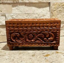 Vintage Hand Carved Floral Design Trinket Box Jewelry Box Brass Hinges Footed 6” picture