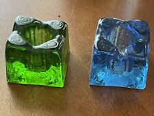 2 Vintage 60s Wheaton Nuline NJ Blue Green Glass Chunky Taper Candle Holders picture