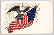 Patriotic Beautiful Eagle Carrrying Gilded American Flag Postcard I30 picture