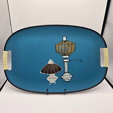 VTG MCM Teal Oval Serving Tray Hand-Painted Wrapped Handles 18