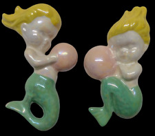 Pair Mermaids Vintage Japan Norcrest Ceramic with Bubble Plaque Figurines picture