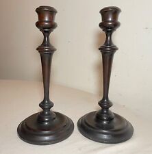pair antique 19th century turned English wood brass candlesticks candle holders picture