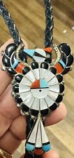 Zuni Larry & Faye Lonjose Sterling Turquoise Thunderbird Bolo Tie Signed picture
