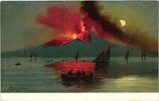 Vintage Postcard- VOLCANO ERUPTING, PEOPLE IN BOATS WATCHING Early 1900s picture