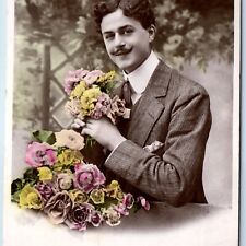 c1900s French Happy Holiday Creepy Man Holding Flowers RPPC Real Photo PC A136 picture