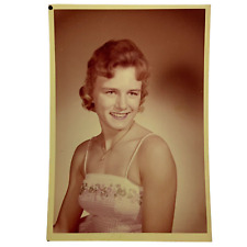 Pretty Young Woman Spaghetti Strap Dress Studio Portrait Color Print Vtg 1950s picture