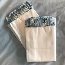Set of 2 Vintage White Pillowcases with Blue/White Crochet Edge picture