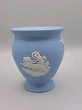 Wedgwood Blue Jasperware Vase Woman Riding Chariot Ladies & Angel England Vtg 4