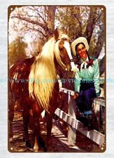 1950s Kansas Stockton Cowgirl Braids Horse metal tin sign wall decor plaques picture