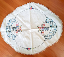 Vintage Hand Embroidered Table Topper Doily Lace Edge 40x32