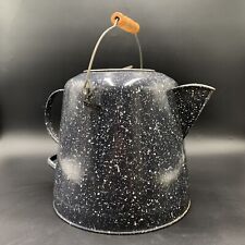 Vintage Large Enamelware Kettle Black and White Speckled Cowboy Coffee Pot Mirro picture