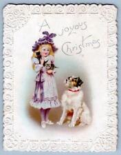 1880's VICTORIAN CHRISTMAS CARD TERRIER DOG CAT KITTEN EMBOSSED INTRICATE BORDER picture