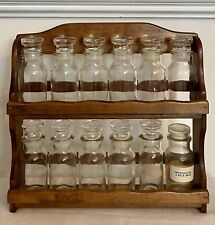 Vintage Glass Spice Jars and Wood Rack Japan 12 Apothecary Bottles Farmhouse MCM picture