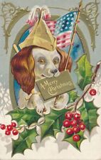 CHRISTMAS - Flag and Dog Holding Christmas Card Postcard - 1909 picture