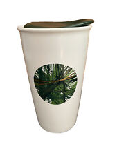 Starbucks 2014 Ceramic Coffee Tumbler Green Pine Branch Dot W/Gold Branch 12oz picture