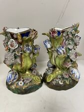 Jacob Petit flower Pair encrusted Vases 19 century French Green 18cm signed picture