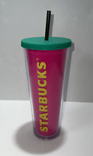 Starbucks 2014 Retro Summer Neon Pink Yellow Teal Venti 24 oz Cold Cup Tumbler  picture