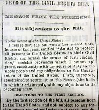 1866 newspaper President ANDREW JOHNSON VETOES theVERY FIRST US Civil Rights Act picture
