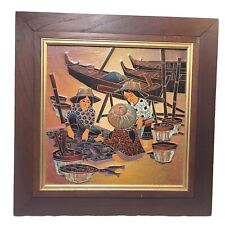 T. Leena Signed Thai Woodcut Carved On Board Painting 15 X 15 Original Retro picture