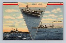 Battleship Airplane Carrier Heavy Cruiser NAVY Ships c.1946 Linen Postcard picture