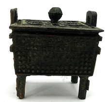 Vintage Bronze Miniature Incense Burner Censer Chinese Ding Fangding Cauldron picture