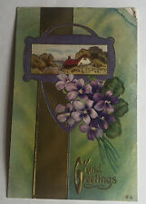 Postcard Greetings Purple Flowers House In The Trees Green Leafs Vintage picture