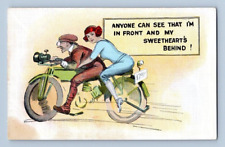 1915. MOTORCYCLE COMIC, SWEETHEART'S BEHIND. POSTCARD RR19 picture