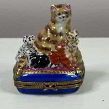Rare LIMOGES PEINT MAIN FRANCE TRINKET BOX CAT Kittens Signed Authenticity Paper picture