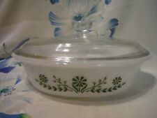 VTG GLASBAKE WHITE W/GREEN FLOWERS OVAL CASSEROLE DISH W/LID picture