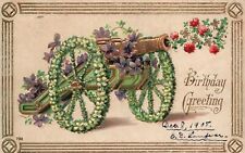 Vintage Postcard 1908 Happy Birthday Greetings Card Flowers War Wagon Floral picture