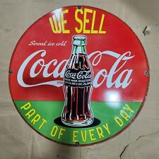 COCA COLA ICE-COLD PORCELAIN ENAMEL SIGN 30 INCHES ROUND picture