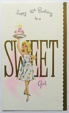 MCM Sweet 16 Birthday Card-PRETTY RETRO GIRL FLORAL DRESS HOLDING UP A CAKE-Vtg picture