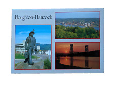 Houghton-Hancock MICHIGAN Mining Statue Lift Bridge Aerial View River Postcard picture